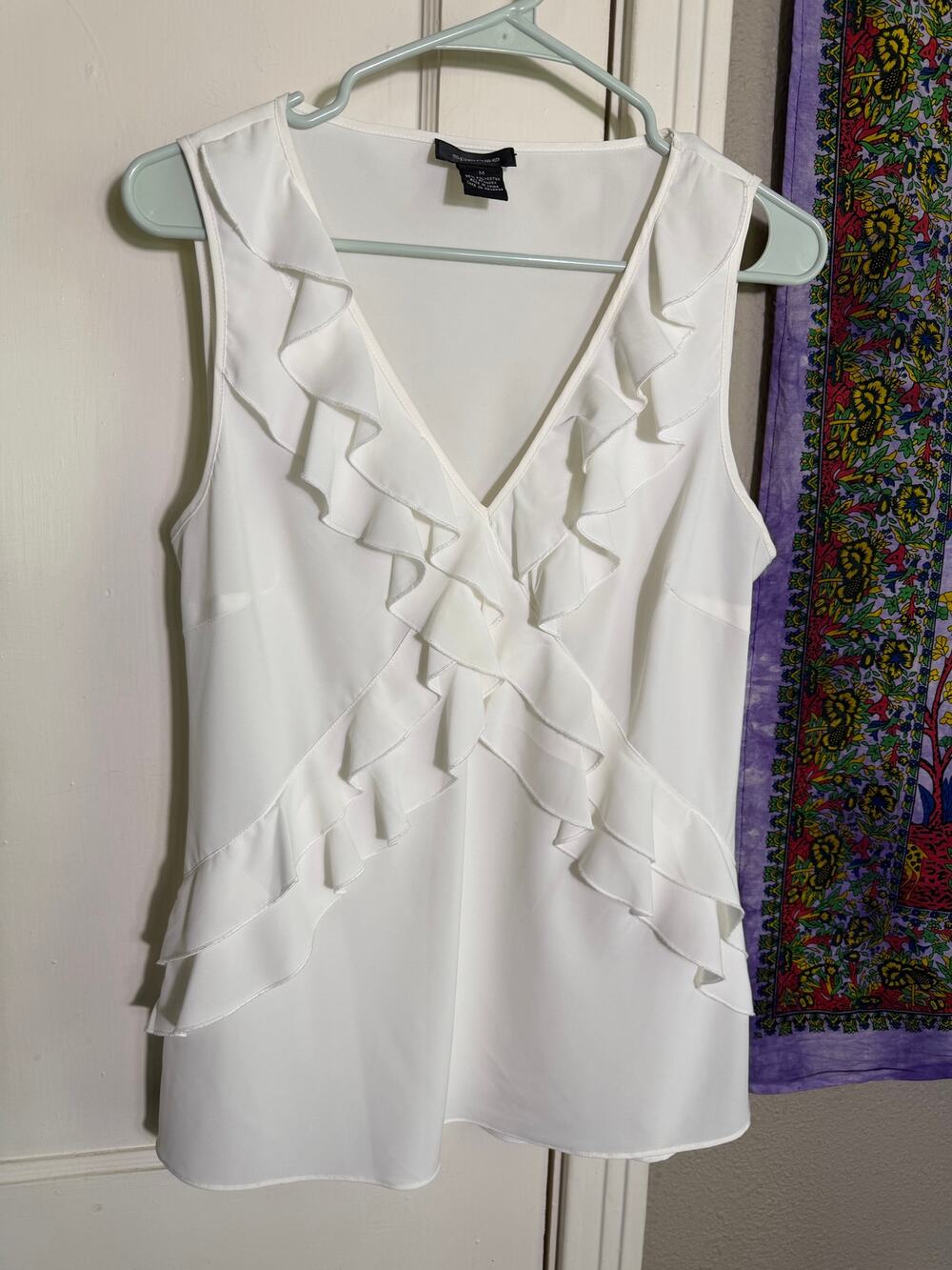 Spense White Ruffle Blouse Sleeveless V Neck Cascade Career Top - Medium